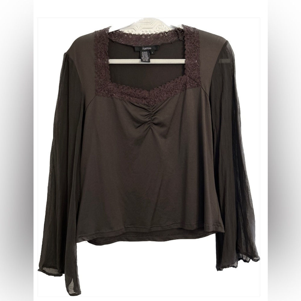 Ishyu Lacy Sheer Long Sleeve Chocolate Vintage Silky Blouse, Size L